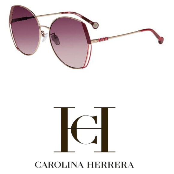 Carolina Herrera Sunglasses  SHE162 Oversized Geometric Gold Burgundy Metallic - Picture 1 of 13